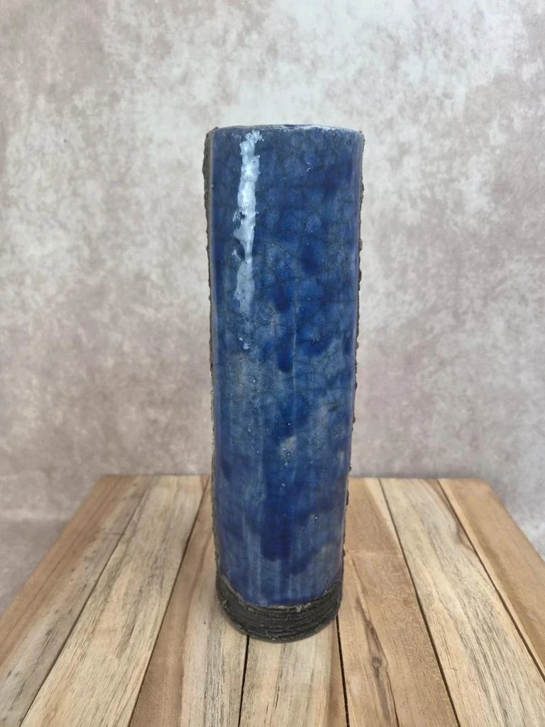 Grande vaso de estúdio estilo raku azul e verde assinado – 30 cm – photo 2
